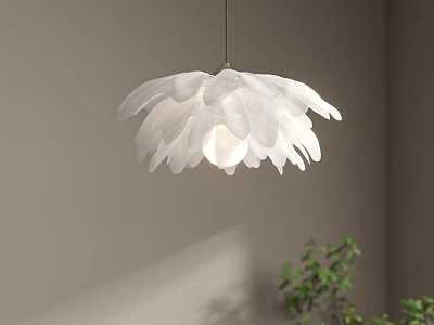 Modern Petal Shaped White Chandelier Hanging Near Light Colored Wall With Green Plant 3d model