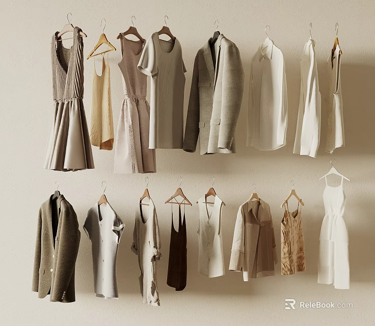 Stylish Clothes Hanging On Wall In Neutral Tones 3d model 