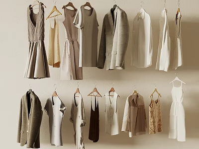 Stylish Clothes Hanging On Wall In Neutral Tones 3d model