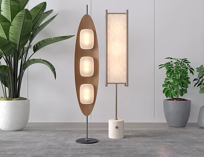 Stylish Floor Lamps With Green Plants In Minimalist Room 3d model