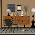 Stylish Wooden Console Table with Table Lamp Vase and Framed Art on Floor Rug