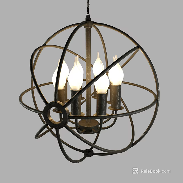 Vintage Industrial Chandelier with Spherical Metal Frame and Candle Style Bulbs 3d model 