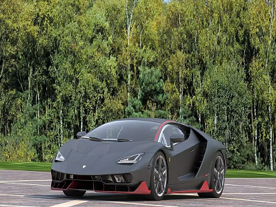 Lamborghini Sports Car In Dark Gray With Red Accents Against Forest 3d model