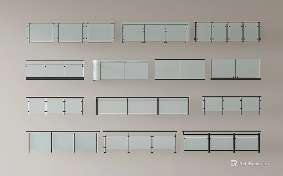 Various Modern Railing Designs Featuring Glass Panels And Metal Frames For Home Interior Decor 3d model
