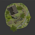 Wooden House Model with Garden Surrounded by Trees Flowers Small Stream and Outdoor Seating