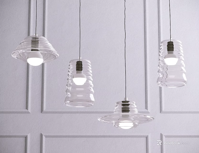 Transparent Glass Pendant Lights With Wave Patterns Hanging In White Wall Room 3d model 