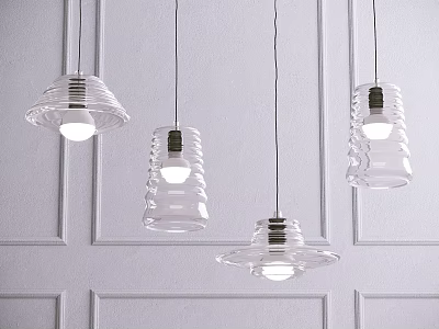 Transparent Glass Pendant Lights With Wave Patterns Hanging In White Wall Room 3d model
