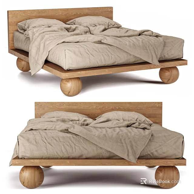 Simple Wooden Double Bed With Round Legs And Beige Linen Bedding 3d model 
