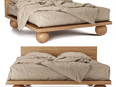 Simple Wooden Double Bed With Round Legs And Beige Linen Bedding 3d model