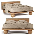 Simple Wooden Double Bed With Round Legs And Beige Linen Bedding