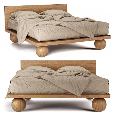 Simple Wooden Double Bed With Round Legs And Beige Linen Bedding 3d model
