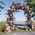 Commercial Equipment Pink Flower Arch With Green Trees Stone Path Flower Basket And Wooden Fence