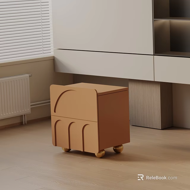 Brown Wooden Bedside Table with Wheels Minimalist Design in Modern Bedroom 3d model 
