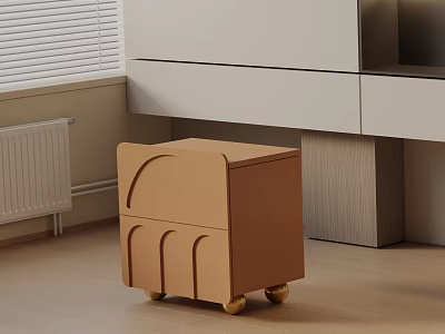 Brown Wooden Bedside Table with Wheels Minimalist Design in Modern Bedroom 3d model