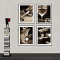 Black And White Framed Wall Art With Wine Glass Bottle Ring And Stacked Books Decoration
