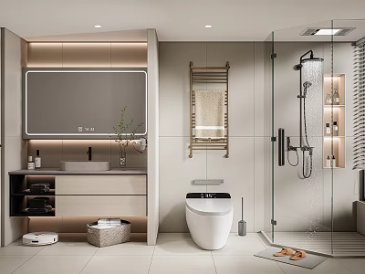 Modern Minimalist Bathroom Interior With Backlit Mirror Vanity Smart Toilet And Glass Shower Enclosure 3d model