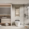Modern Minimalist Bathroom Interior With Backlit Mirror Vanity Smart Toilet And Glass Shower Enclosure