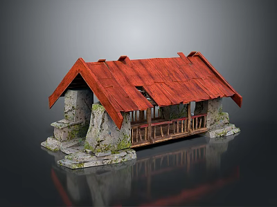 Rustic Stone Cottage With Red Weathered Roof And Wooden Balcony Details 3d model