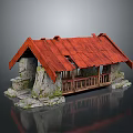 Rustic Stone Cottage With Red Weathered Roof And Wooden Balcony Details