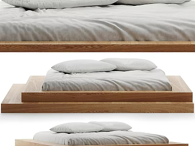 Double Bed with Wooden Frame Gray Bedding Pillows and Minimalist Interior Design 3d model