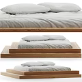 Double Bed with Wooden Frame Gray Bedding Pillows and Minimalist Interior Design