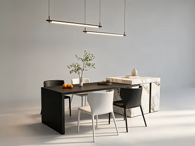 Modern Black Dining Table Set With White Black Chairs Marble Side Cabinet And Pendant Lights 3d model
