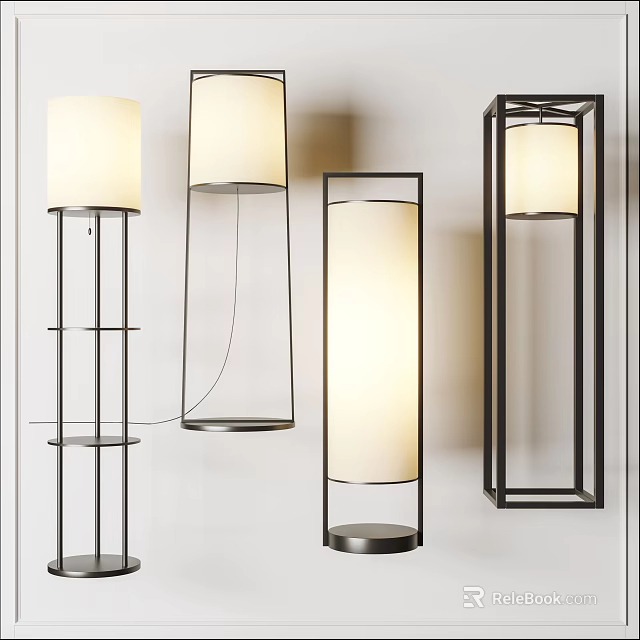 Modern Floor Lamps With Metal Frames And White Shades In Various Styles 3d model 