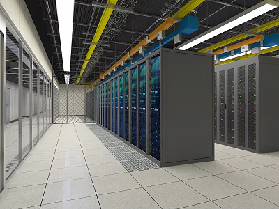 Data Center Interior With Server Racks Ceiling Pipes Lighting And Tiled Floor 3d model