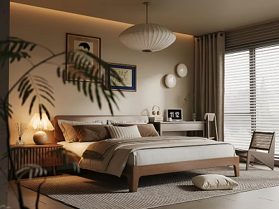 Modern Cozy Bedroom Interior With Bed Nightstand Lamp Wall Art Pendant Light And Window Blinds 3d model