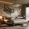 Modern Cozy Bedroom Interior With Bed Nightstand Lamp Wall Art Pendant Light And Window Blinds