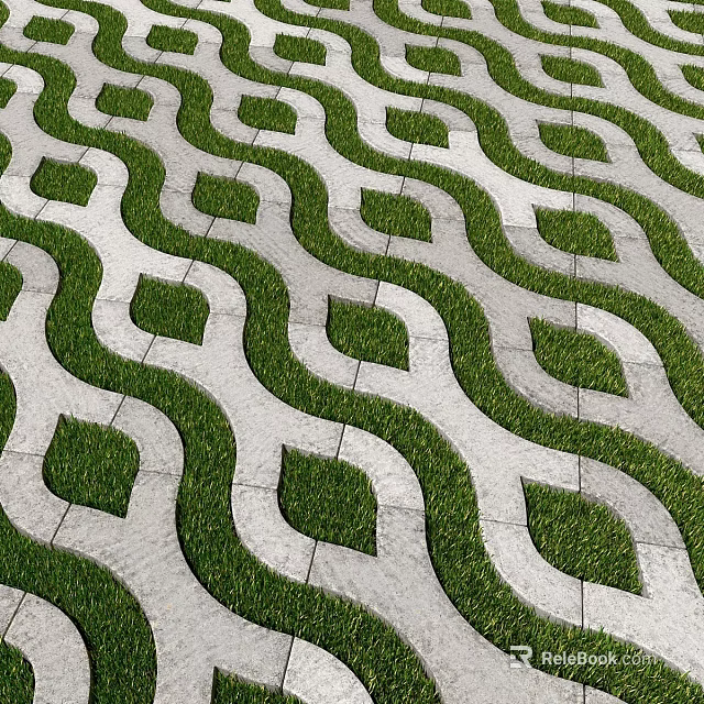 Wavy Stone Tiles And Grass Pattern In Outdoor Landscape Design 3d model 