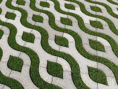 Wavy Stone Tiles And Grass Pattern In Outdoor Landscape Design 3d model