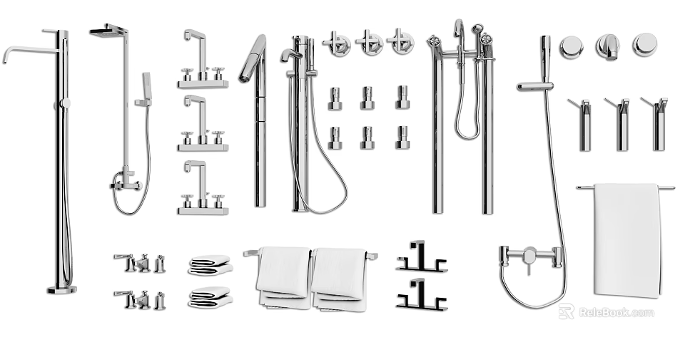 Different Types Of Bathroom Faucets With Shower Handles Towel Racks And Accessories 3d model 