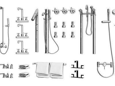 Different Types Of Bathroom Faucets With Shower Handles Towel Racks And Accessories 3d model