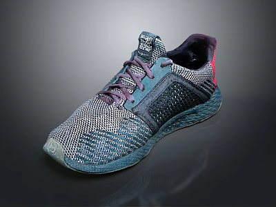 Modern Knit Sneakers With Gray Blue Upper Purple Laces Red Accents And Textured Sole Design 3d model