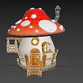 Mushroom Shaped Wooden House with Red White Spotted Roof Snow Small Chimney and Green Plants