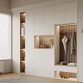 Elegant Modern White Shoe Cabinet With Clothes Hanging Area Storage Shelves And Small Stool