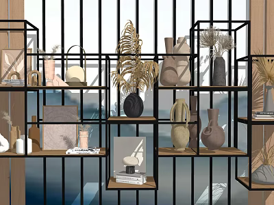 Decorative Ornament Combinations on Black Metal Shelves With Vases Plants And Books For Open 3d model