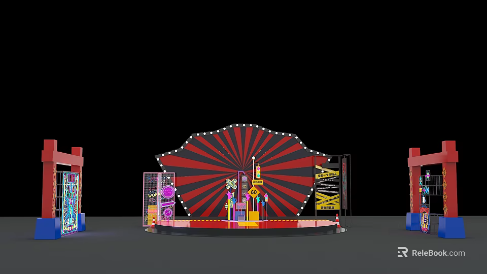 Eye Catching Stage Design With Red And Black Radial Stripes Backdrop And Decorative Props 3d model 