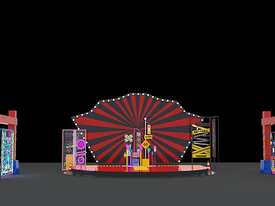 Eye Catching Stage Design With Red And Black Radial Stripes Backdrop And Decorative Props 3d model