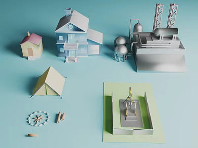 Diverse Architectural Models Including Houses Tent Ferris Wheel And Industrial Facilities 3d model