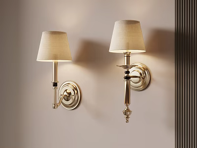 Elegant Gold Base Wall Lamps With Beige Lampshade On Light Wall And Vertical Stripe Decor 3d model