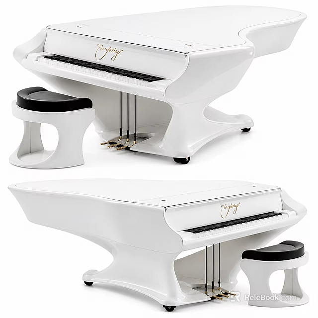 Modern White Piano With Black Stool And Elegant Sleek Musical Instrument Design 3d model 
