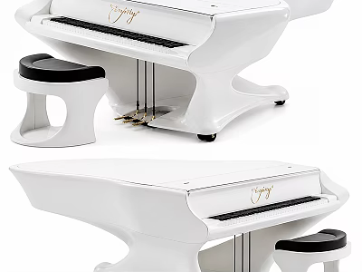 Modern White Piano With Black Stool And Elegant Sleek Musical Instrument Design 3d model