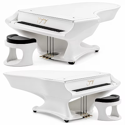 Modern White Piano With Black Stool And Elegant Sleek Musical Instrument Design 3d model