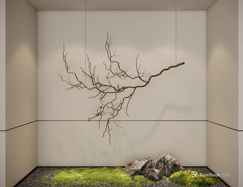 Hanging Branch Decor In Minimalist Interior With Moss And Rocks 3d model 