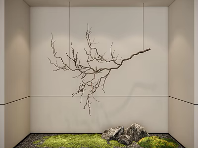 Hanging Branch Decor In Minimalist Interior With Moss And Rocks 3d model