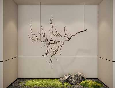 Hanging Branch Decor In Minimalist Interior With Moss And Rocks 3d model