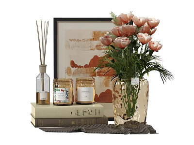 Decorative Ornament Set With Framed Artwork Aromatherapy Candles Pink Flowers In Glass Vase And Books 3d model