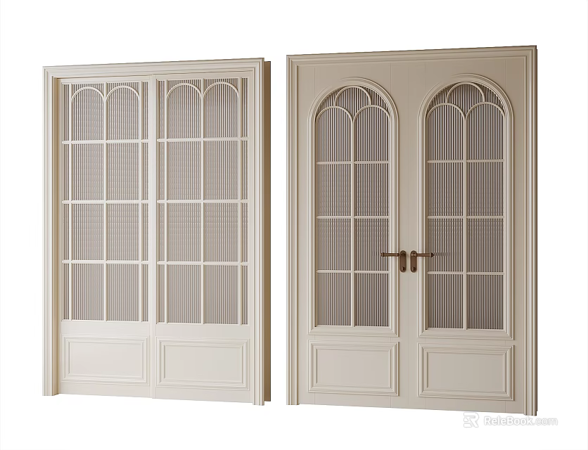 White Double Doors With Divided Glass Panes And Wooden Frames For Interior Design 3d model 